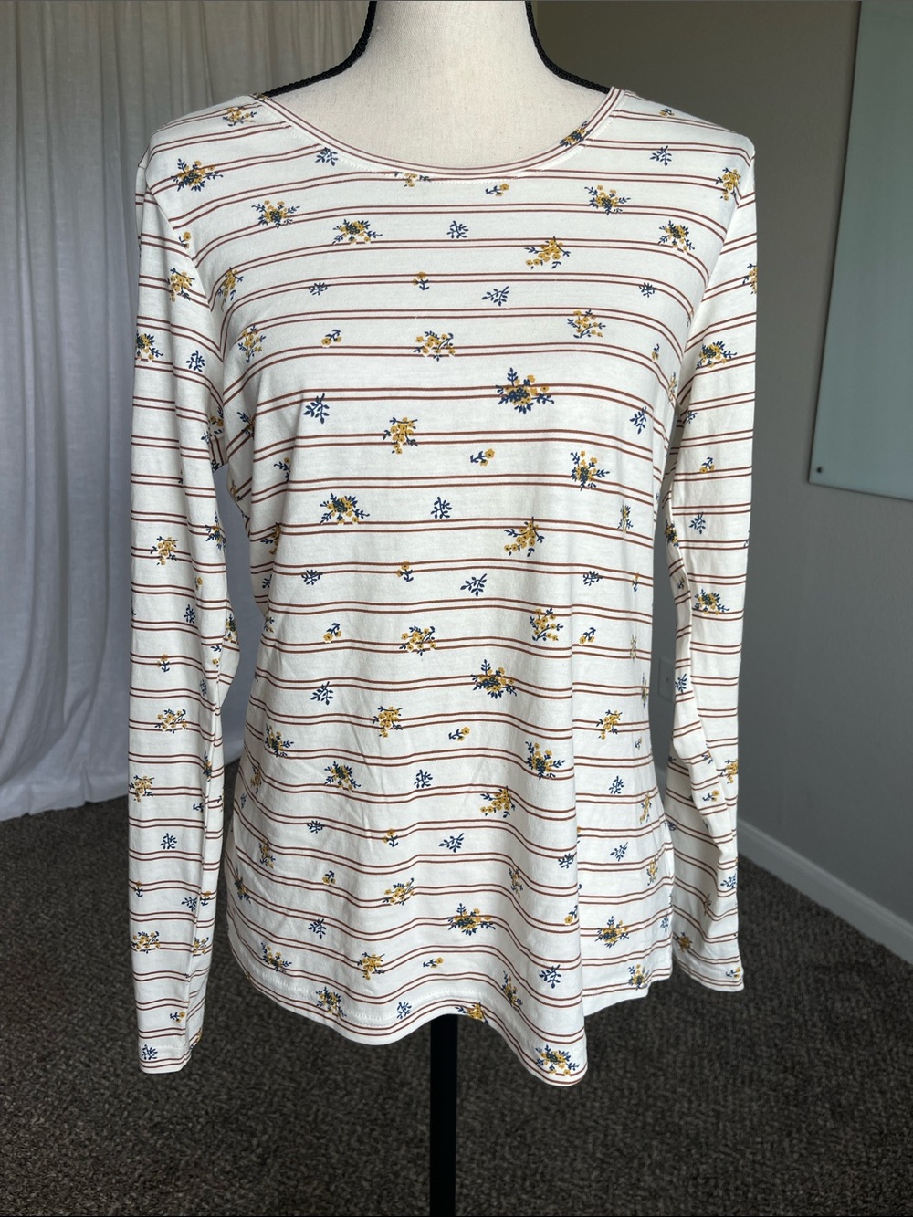 Duluth Trading Co Floral Stripe Cotton Long Sleeve Top Cream Small NWOT